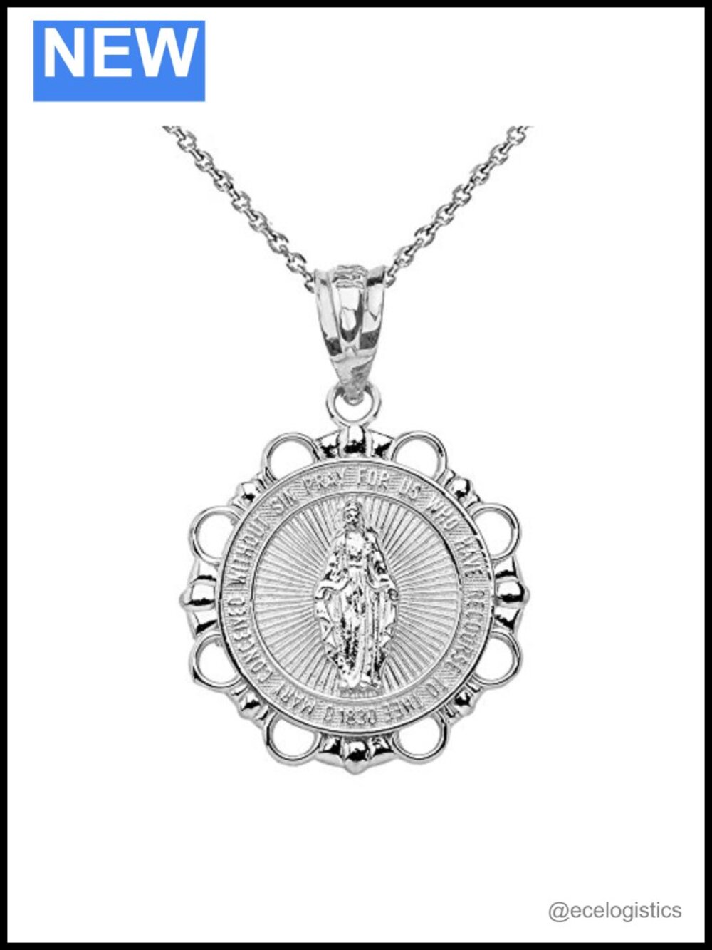 925 Sterling Silver Miraculous Medal Virgin Mary Pendant Necklace 22in